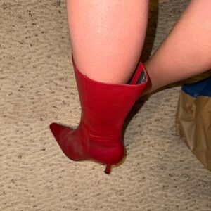 Mid calf red pointed toe boots
